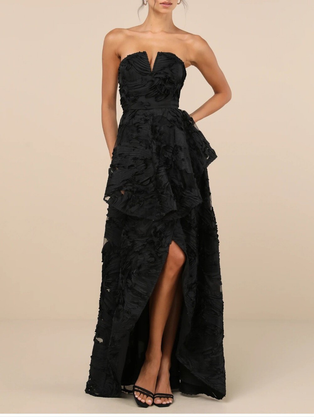 Lulus Strapless Black Evening Gown with High Slit